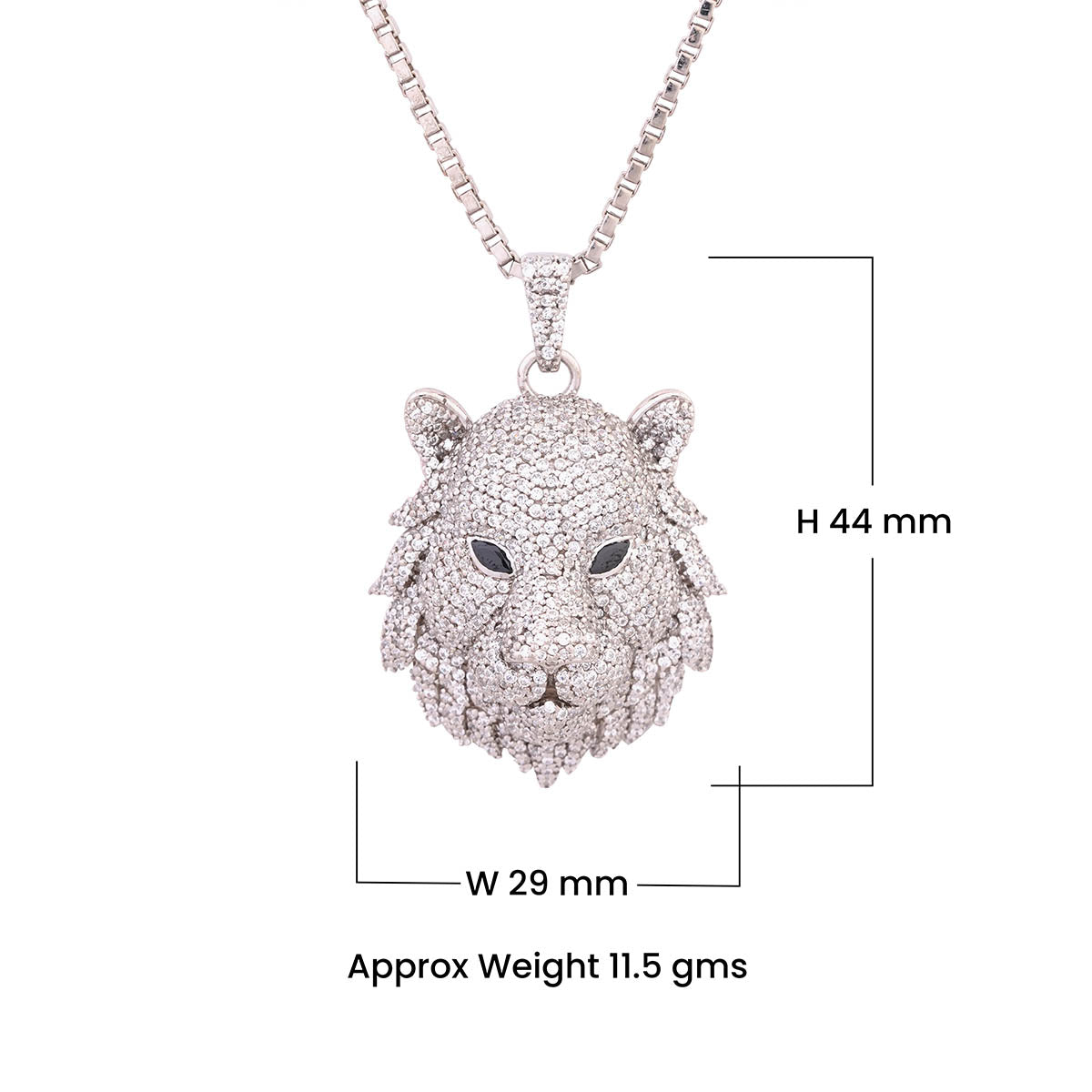 Sterling Silver lion head pendant with measurements on a white background
