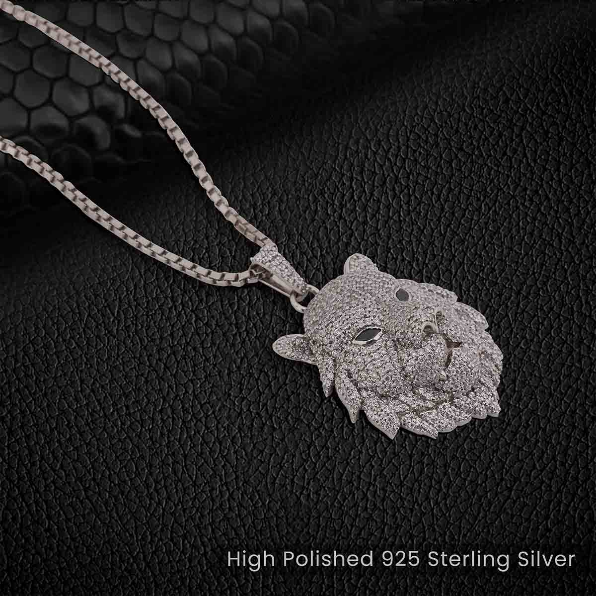 King of Beasts - Lion Pendant Necklace Made of 925 Sterling Silver and Encrusted with AAA Cubic Zirconia Diamonds, Hip Hop Style Iced Out Animal Leo Zodiac Jewelry