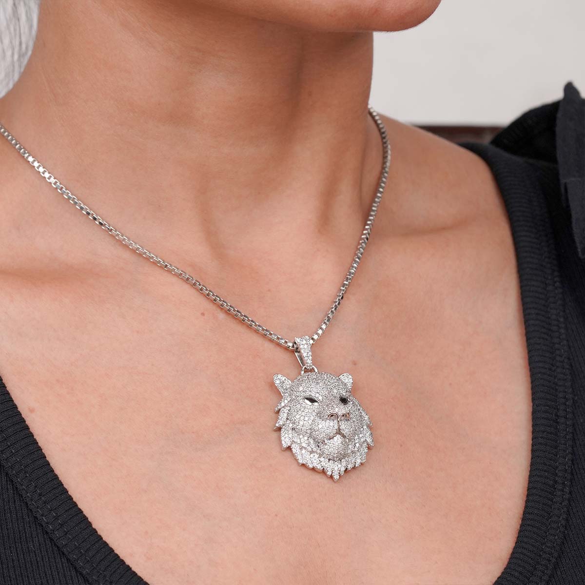 King of Beasts - Lion Pendant Necklace Made of 925 Sterling Silver and Encrusted with AAA Cubic Zirconia or Moissanite Diamonds, Hip Hop Style Iced Out Animal Leo Zodiac Jewelry