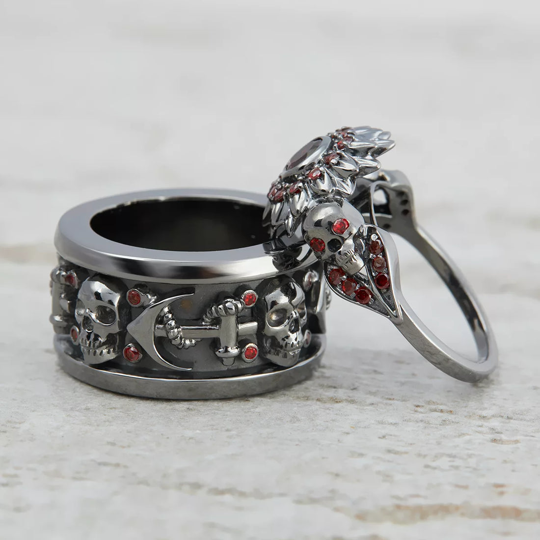 Skull Engagement Rings for Couple Anchor Wedding Band Set