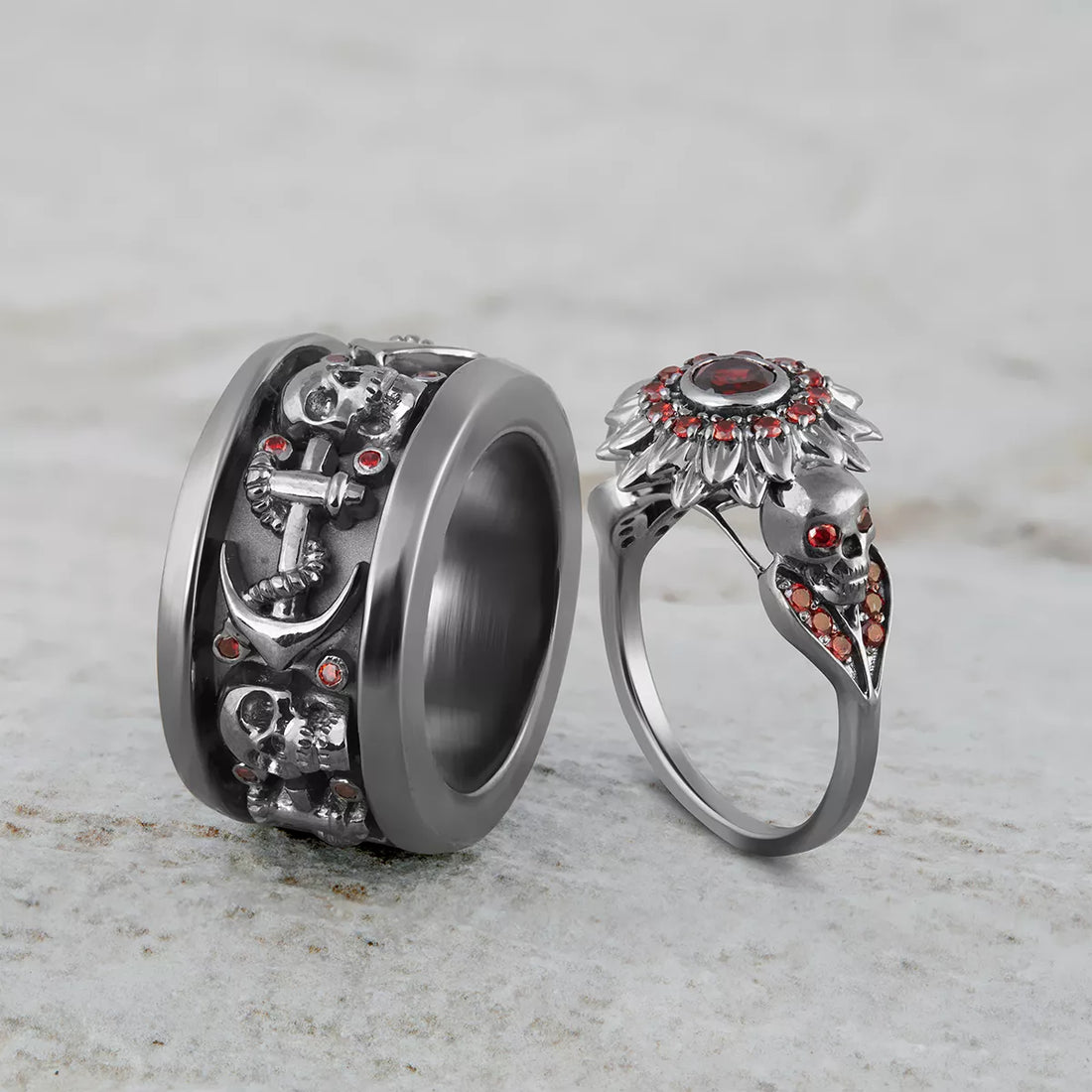 Skull Engagement Rings for Couple Anchor Wedding Band Set