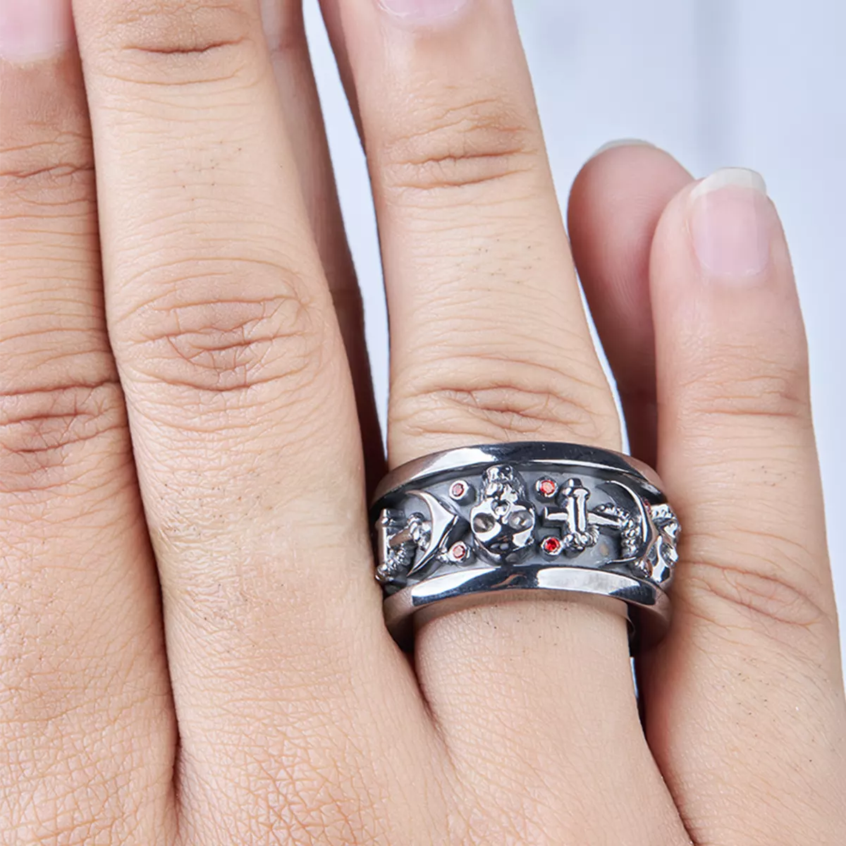 Skull Engagement Rings for Couple Anchor Wedding Band Set