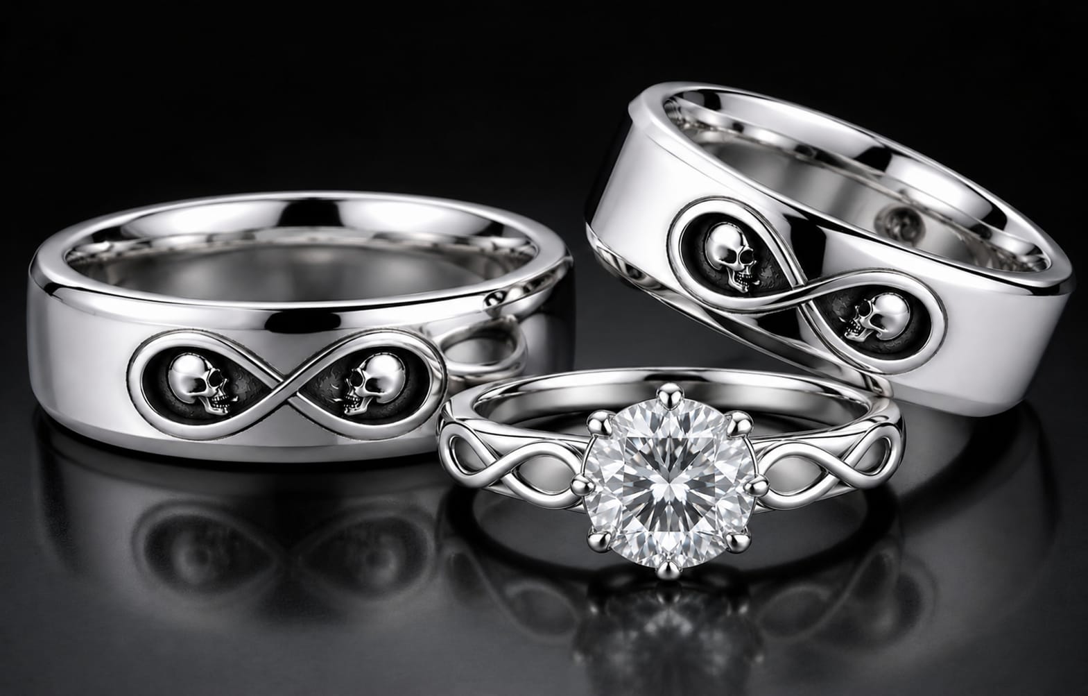 Solitaire Engagement Ring Matching Infinity Wedding Bands with Tiny Skulls Sterling Silver Couple Set