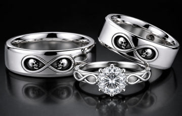 Solitaire Engagement Ring Matching Infinity Wedding Bands with Tiny Skulls Sterling Silver Couple Set