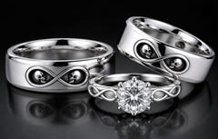 Solitaire Engagement Ring Matching Infinity Wedding Bands with Tiny Skulls Sterling Silver Couple Set