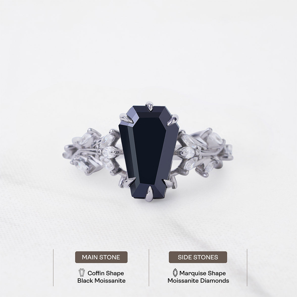 Black Moissanite Coffin Rings Dark Gothic Engagement Ring Silver