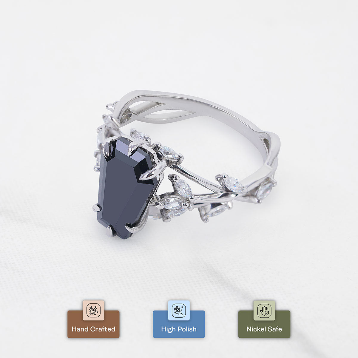 Black Moissanite Coffin Rings Dark Gothic Engagement Ring Silver