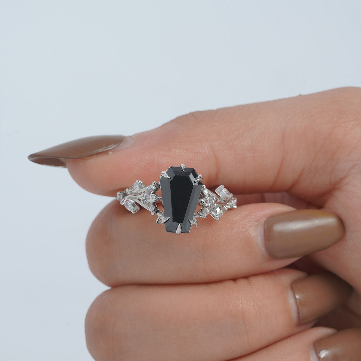 Black Moissanite Coffin Rings Dark Gothic Engagement Ring Silver