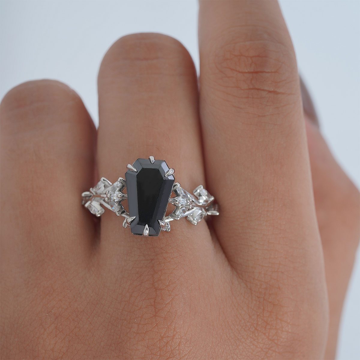 Black Moissanite Coffin Rings Dark Gothic Engagement Ring Silver