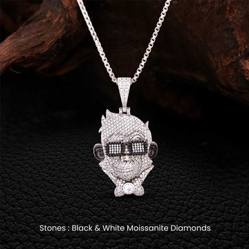 Diamond-encrusted dapper monkey pendant necklace made with sterling silver and moissanite stones