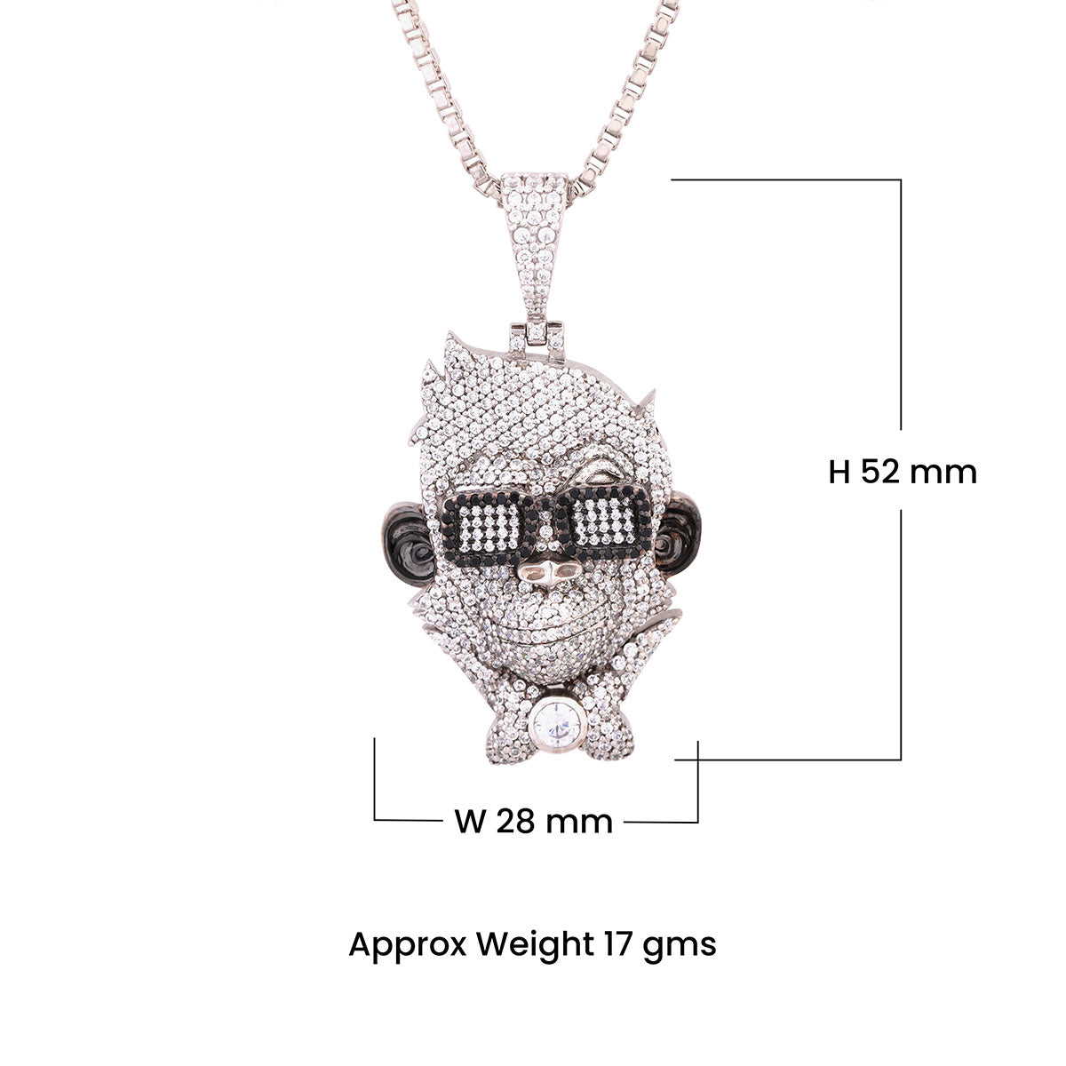 Dapper Monkey Pendant necklace with measurements on a white background