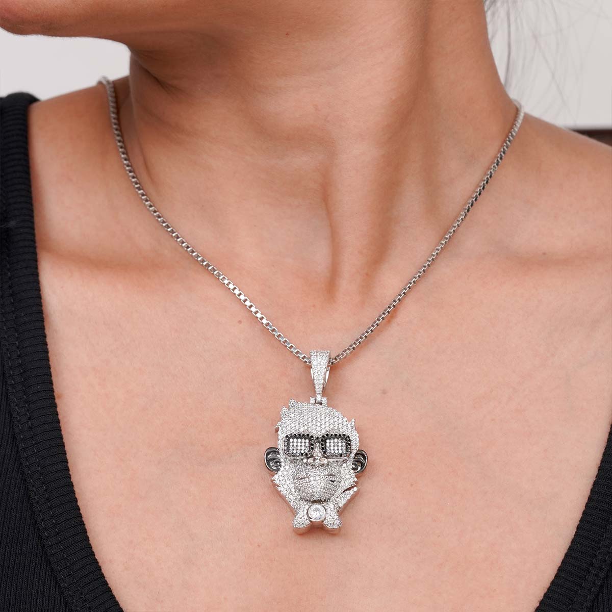 Iced Out Dapper Monkey Pendant Necklace Wearing Goggles Bow Tie Funky Monkey Charm Swagger Hip Hop Jewelry Two Tone Sterling Silver 