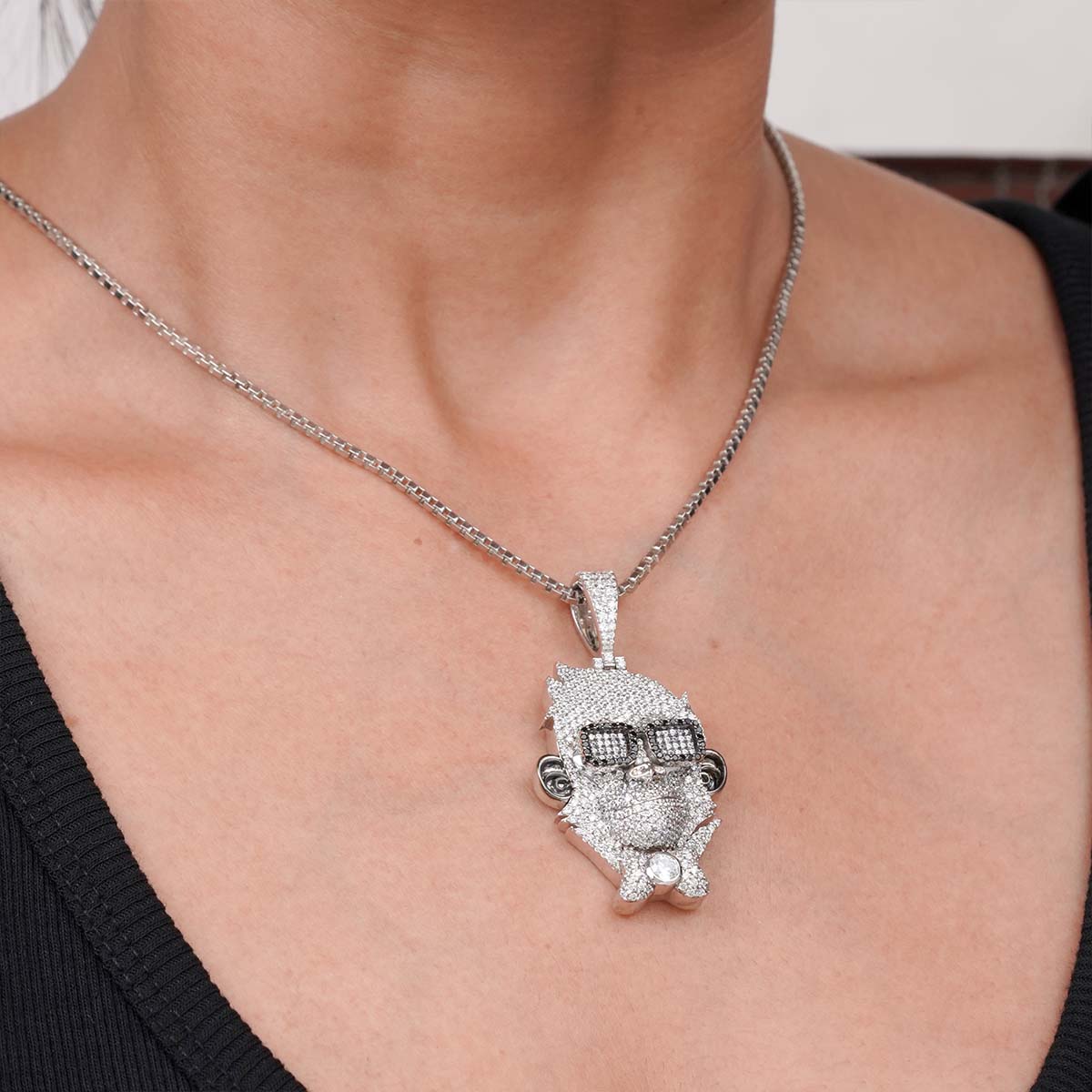Iced Out Dapper Monkey Pendant Necklace Wearing Goggles Bow Tie Funky Monkey Charm Swagger Hip Hop Jewelry Two Tone Sterling Silver Moissanite Diamonds