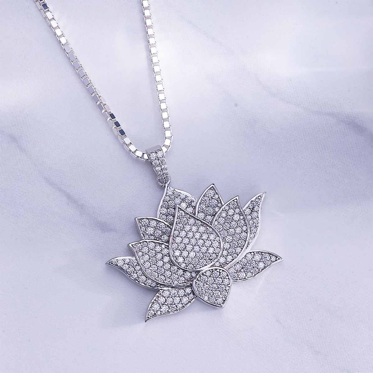 Iced Out Lotus Necklace Sterling Silver Lotus Pendant for Girls