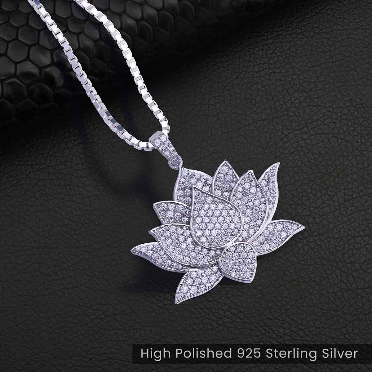 Iced Out Lotus Necklace Sterling Silver Lotus Pendant for Girls