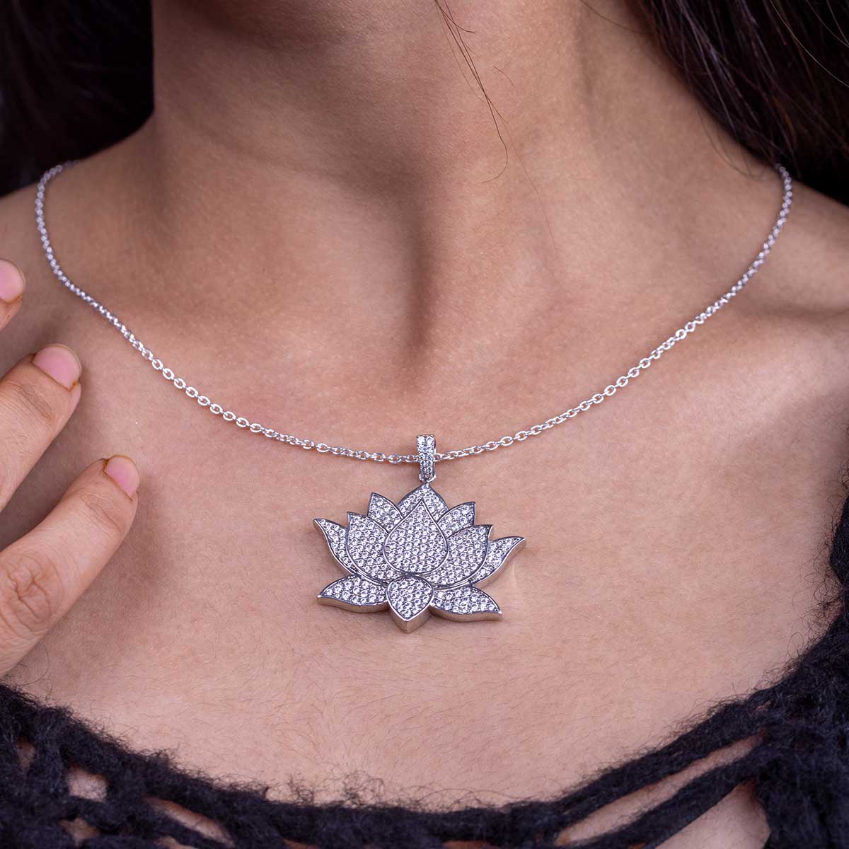 Iced Out Lotus Necklace Sterling Silver Lotus Pendant for Girls