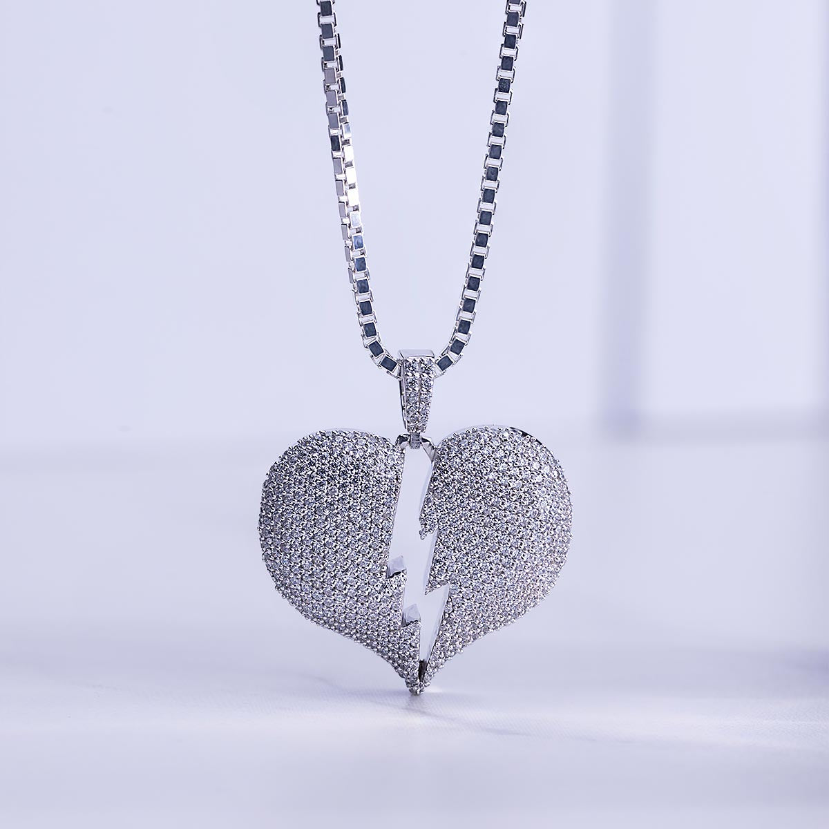 Iced Out Broken Heart Necklace Silver Hip Hop Pendant Jewelry