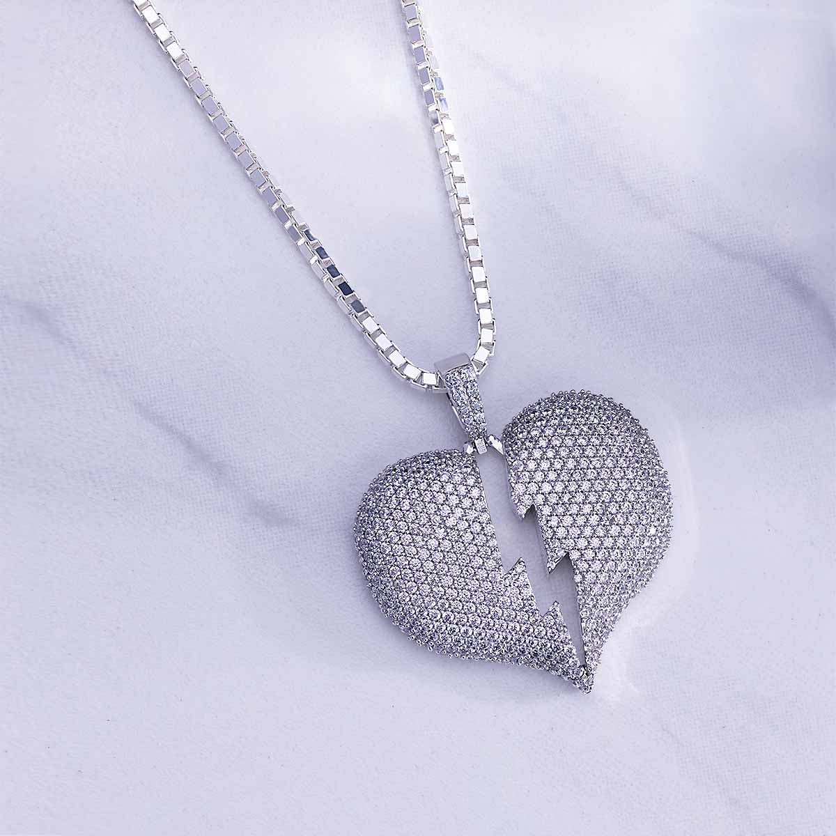 Iced Out Broken Heart Necklace Silver Hip Hop Pendant Jewelry