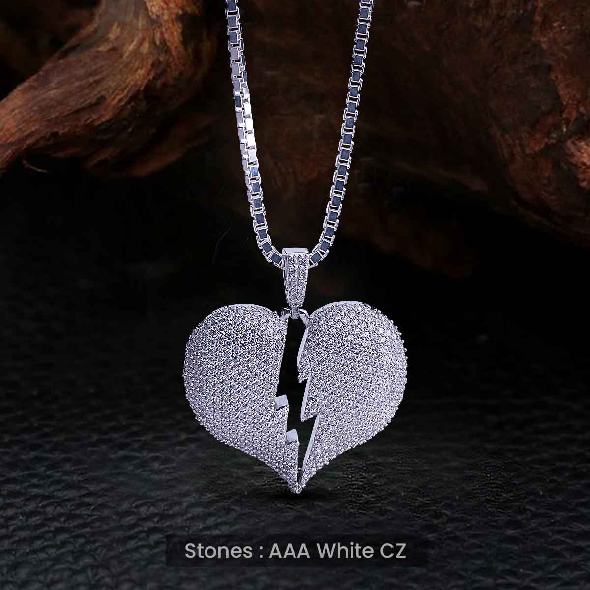 Iced Out Broken Heart Necklace Silver Hip Hop Pendant Jewelry