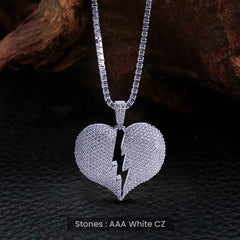 Iced Out Broken Heart Necklace Silver Hip Hop Pendant Jewelry