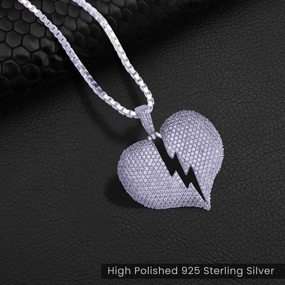 Iced Out Broken Heart Necklace Silver Hip Hop Pendant Jewelry