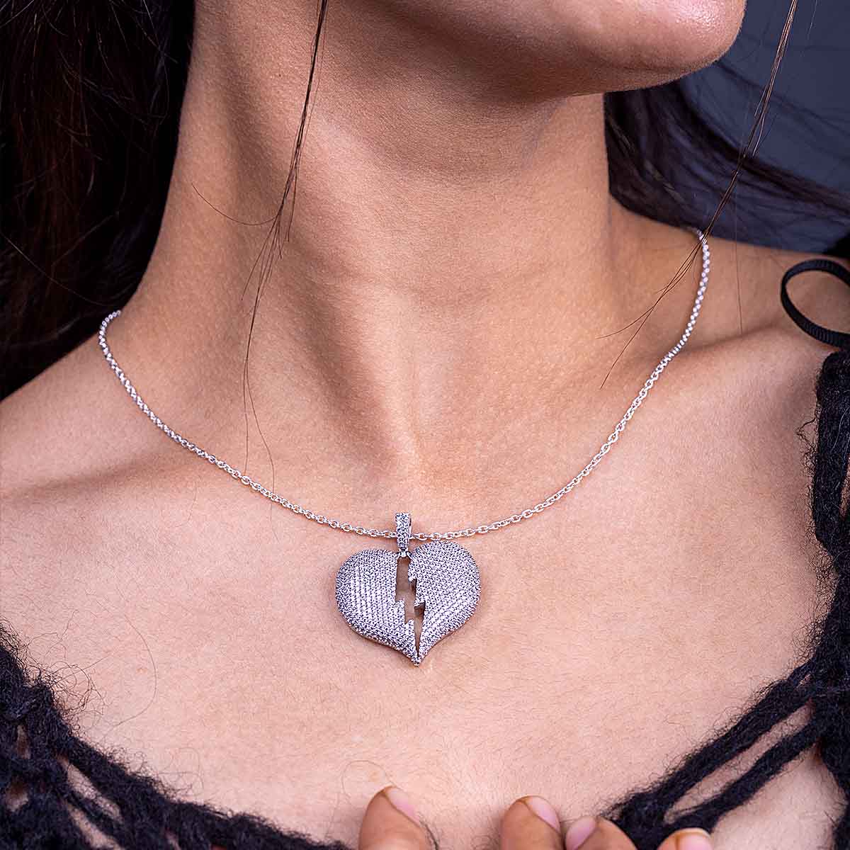 Iced Out Broken Heart Necklace Silver Hip Hop Pendant Jewelry