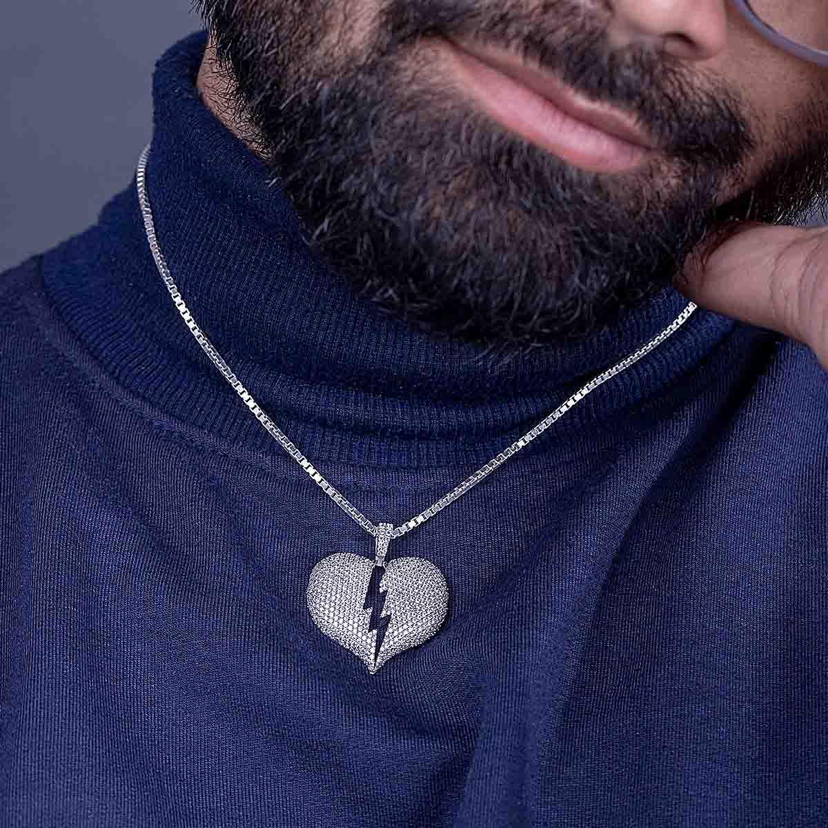 Iced Out Broken Heart Necklace Silver Hip Hop Pendant Jewelry
