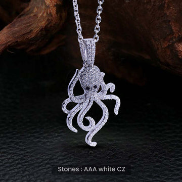 Iced Out Octopus Necklace in Sterling Silver Sea Animal Jewelry