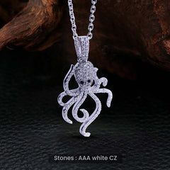 Iced Out Octopus Necklace in Sterling Silver Sea Animal Jewelry