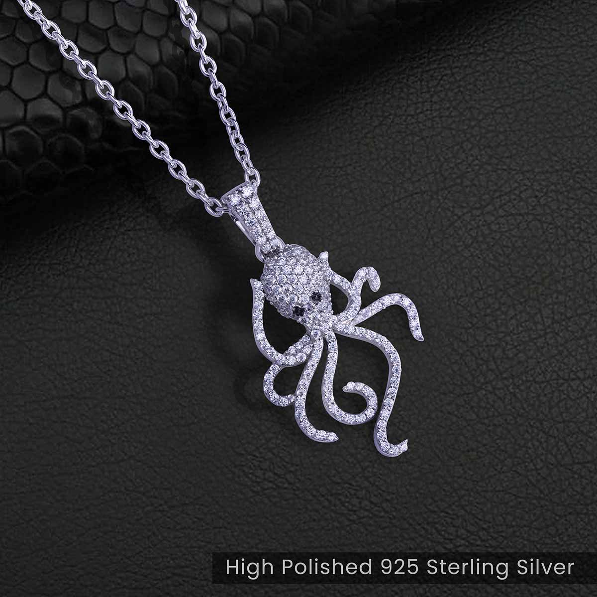 Iced Out Octopus Necklace in Sterling Silver Sea Animal Jewelry