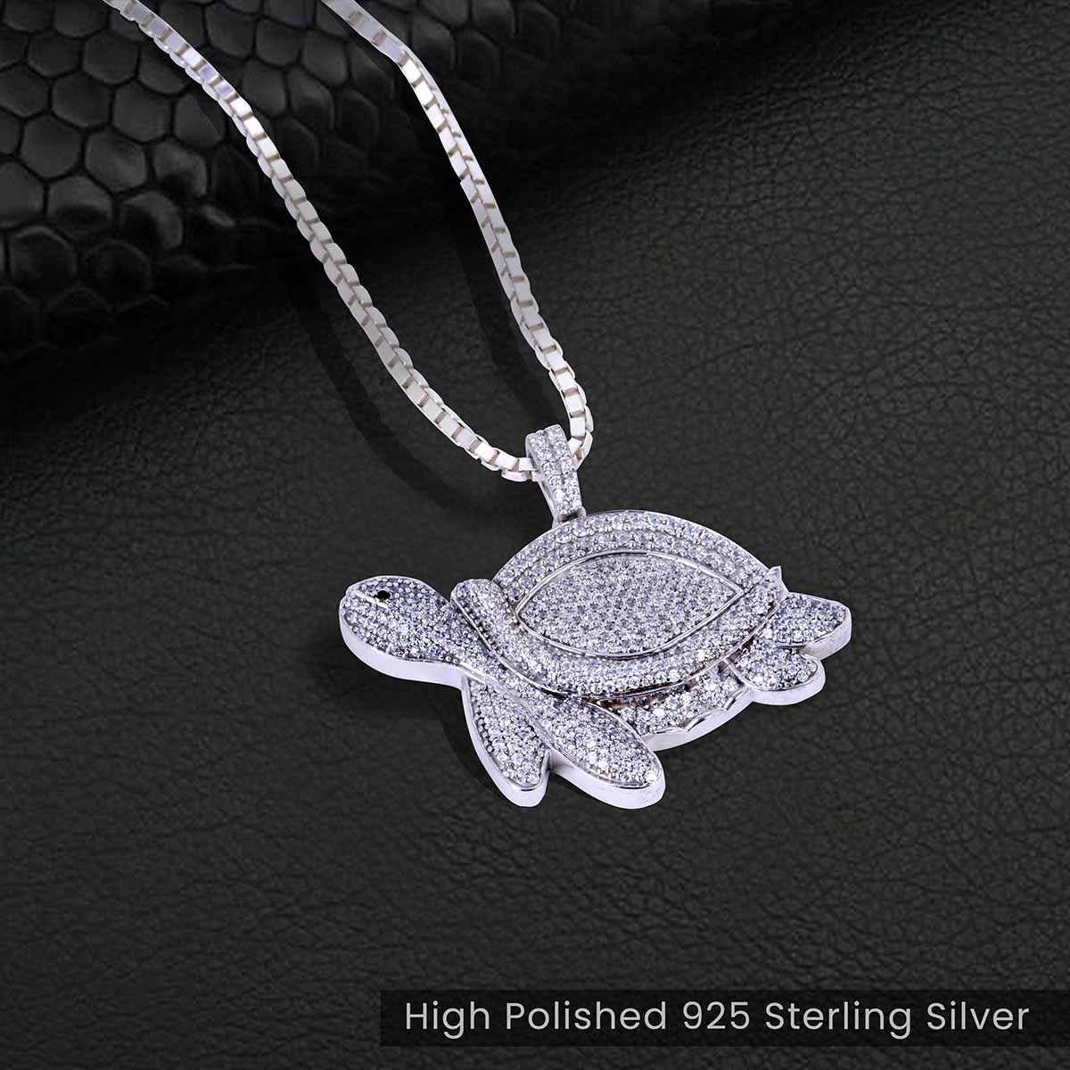 Diamond Turtle Pendant Necklace Iced Out Ocean Jewelry Silver