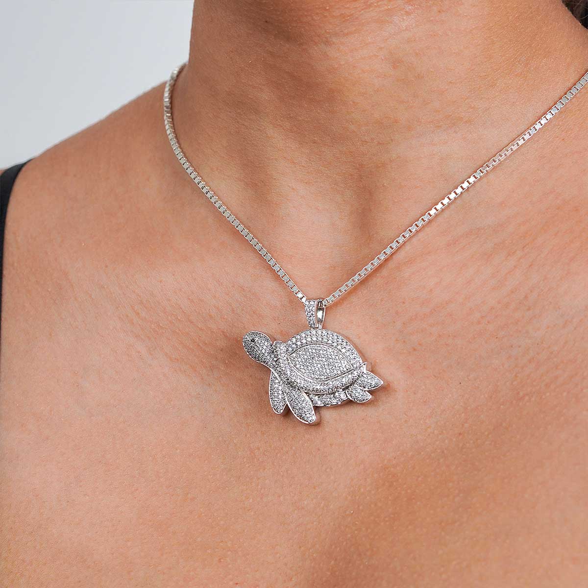 Diamond Turtle Pendant Necklace Iced Out Ocean Jewelry Silver