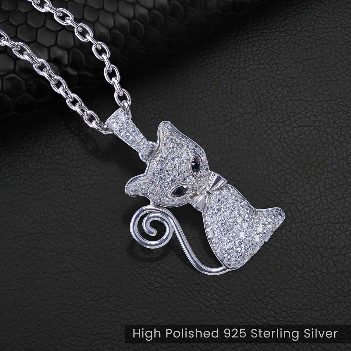 Iced Out Cat Pendant Necklace for Girls 925 Silver Kitty Jewelry