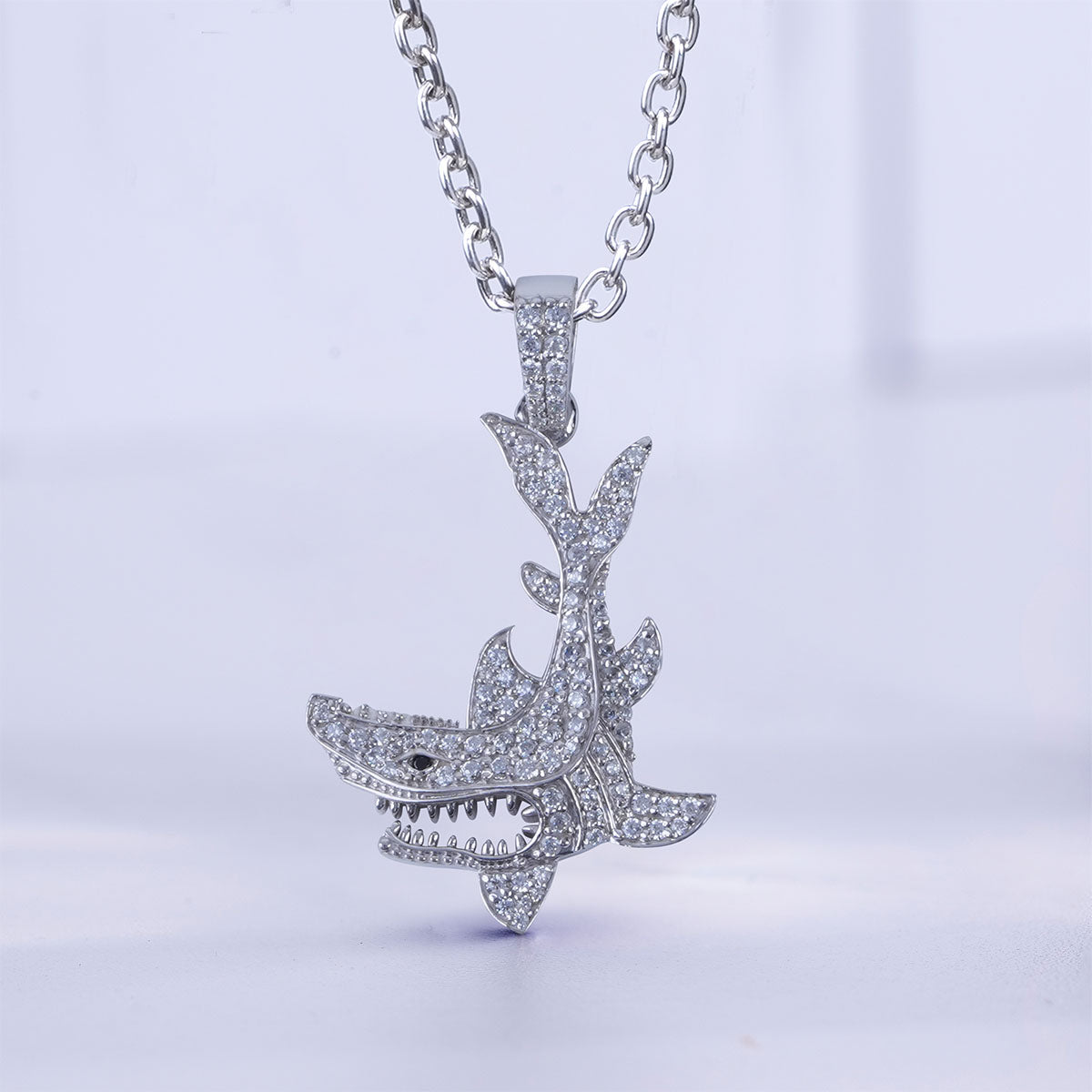 Iced Out Shark Pendant Necklace Sterling Silver Ocean Jewelry