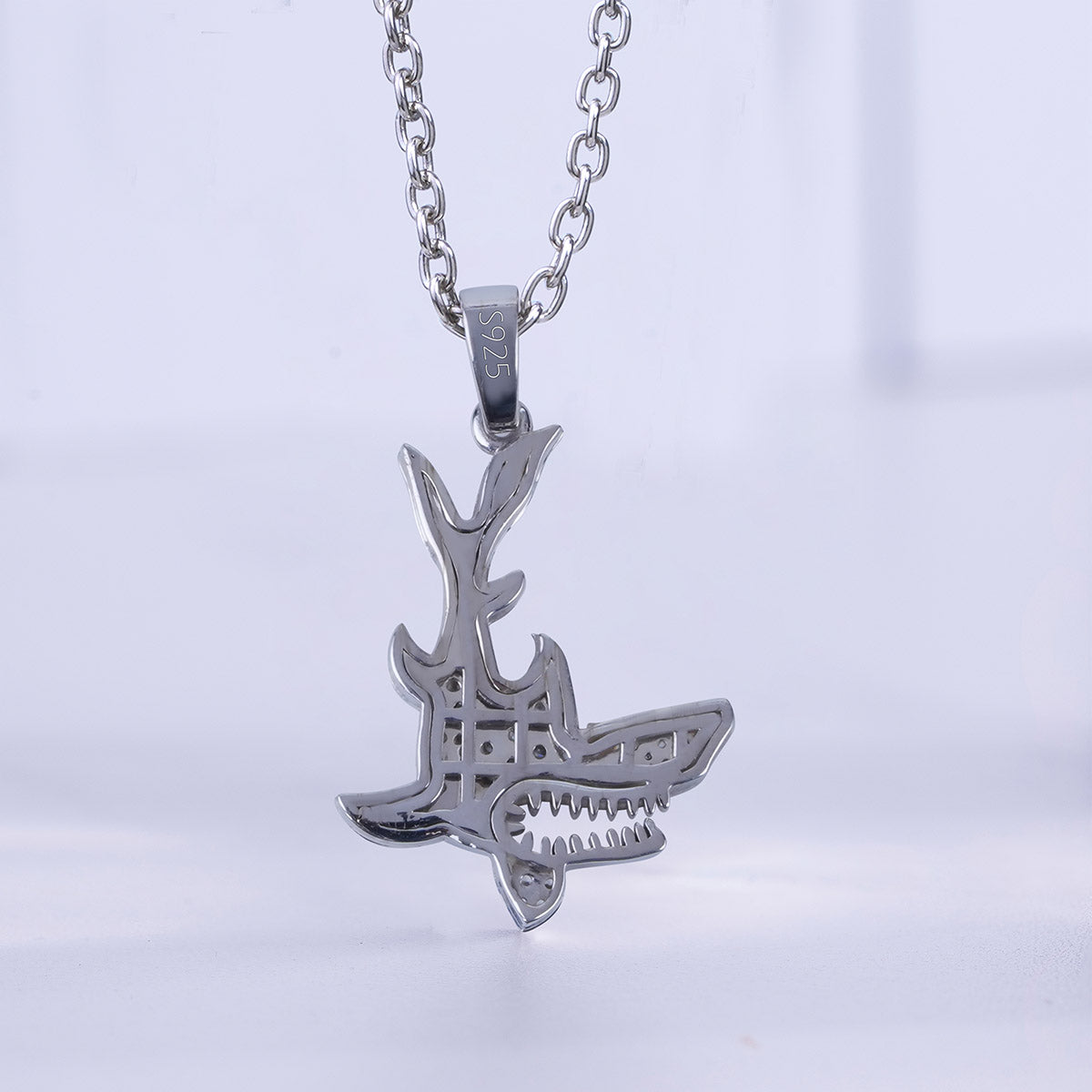 Iced Out Shark Pendant Necklace Sterling Silver Ocean Jewelry