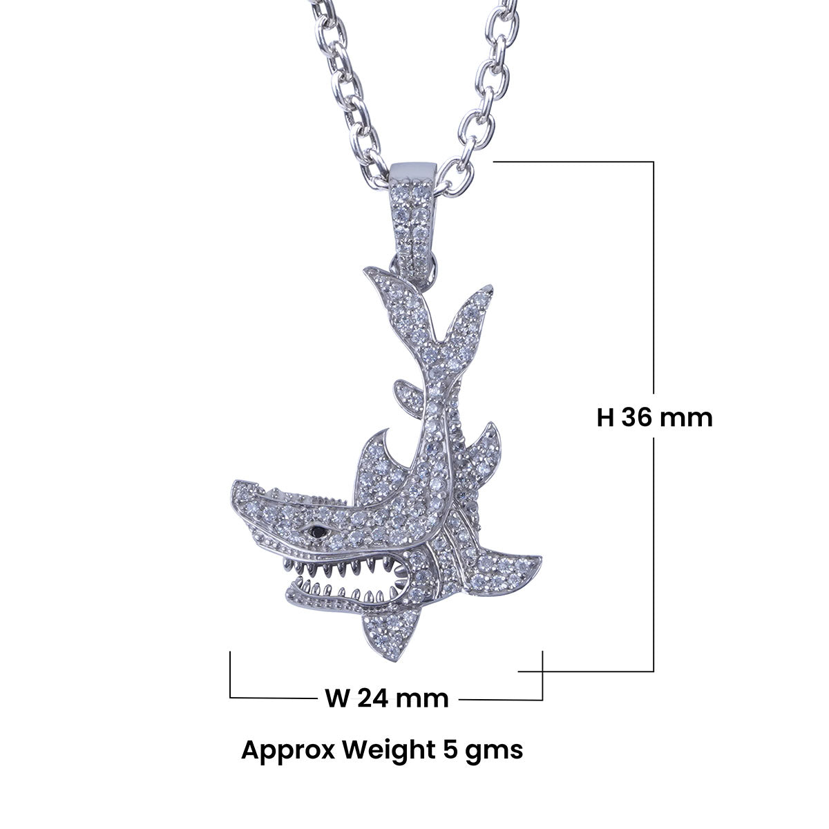 Iced Out Shark Pendant Necklace Sterling Silver Ocean Jewelry