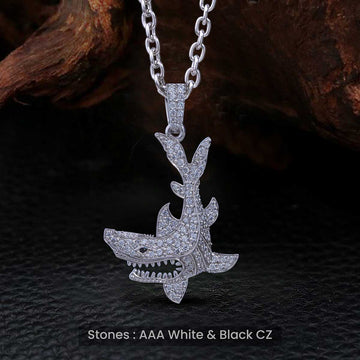 Iced Out Shark Pendant Necklace Sterling Silver Ocean Jewelry