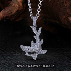 Iced Out Shark Pendant Necklace Sterling Silver Ocean Jewelry