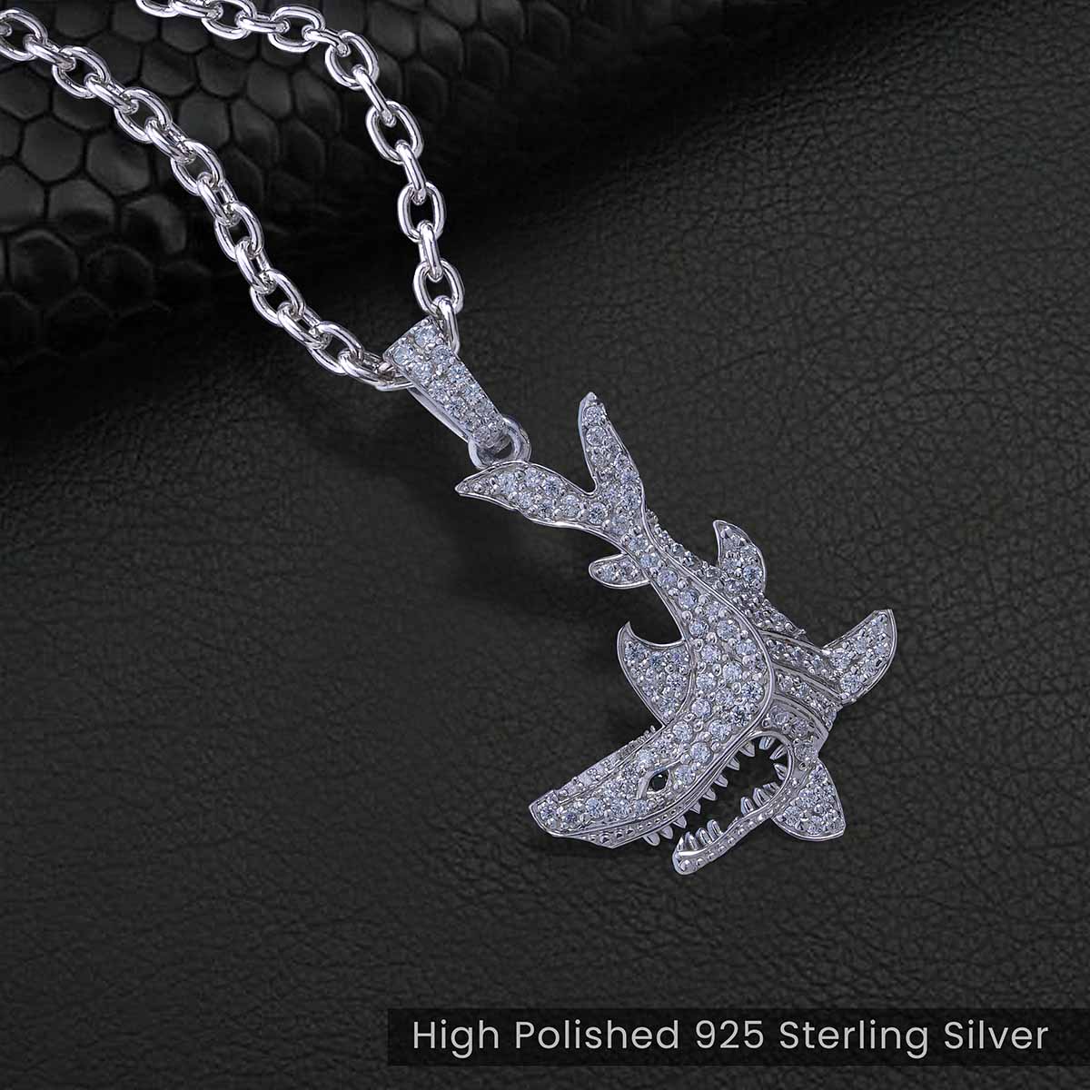 Iced Out Shark Pendant Necklace Sterling Silver Ocean Jewelry