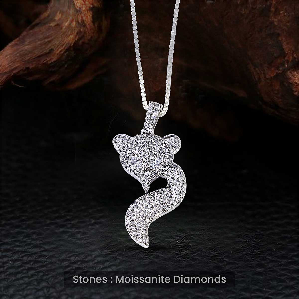 Silver Fox Pendant Necklace Moissanite Iced Out Animal Jewelry