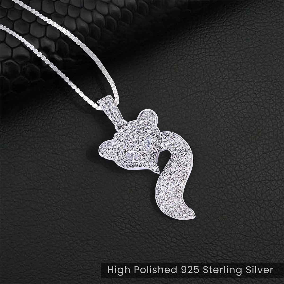 Diamond Fox Pendant Necklace Iced Out Animal Jewelry Silver