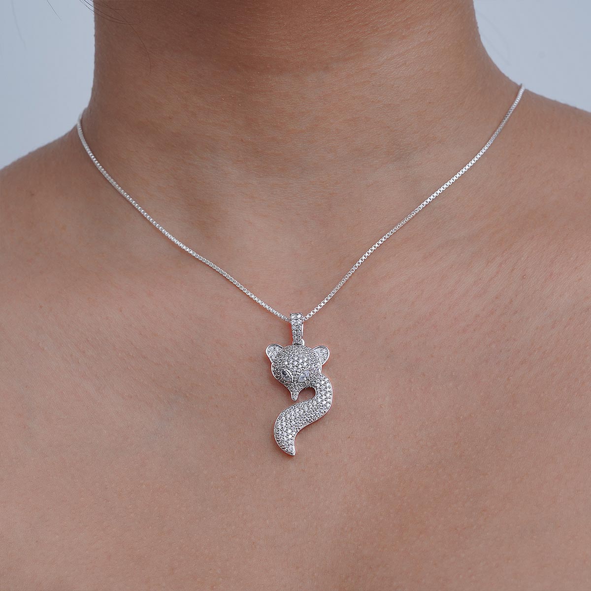 Diamond Fox Pendant Necklace Iced Out Animal Jewelry Silver