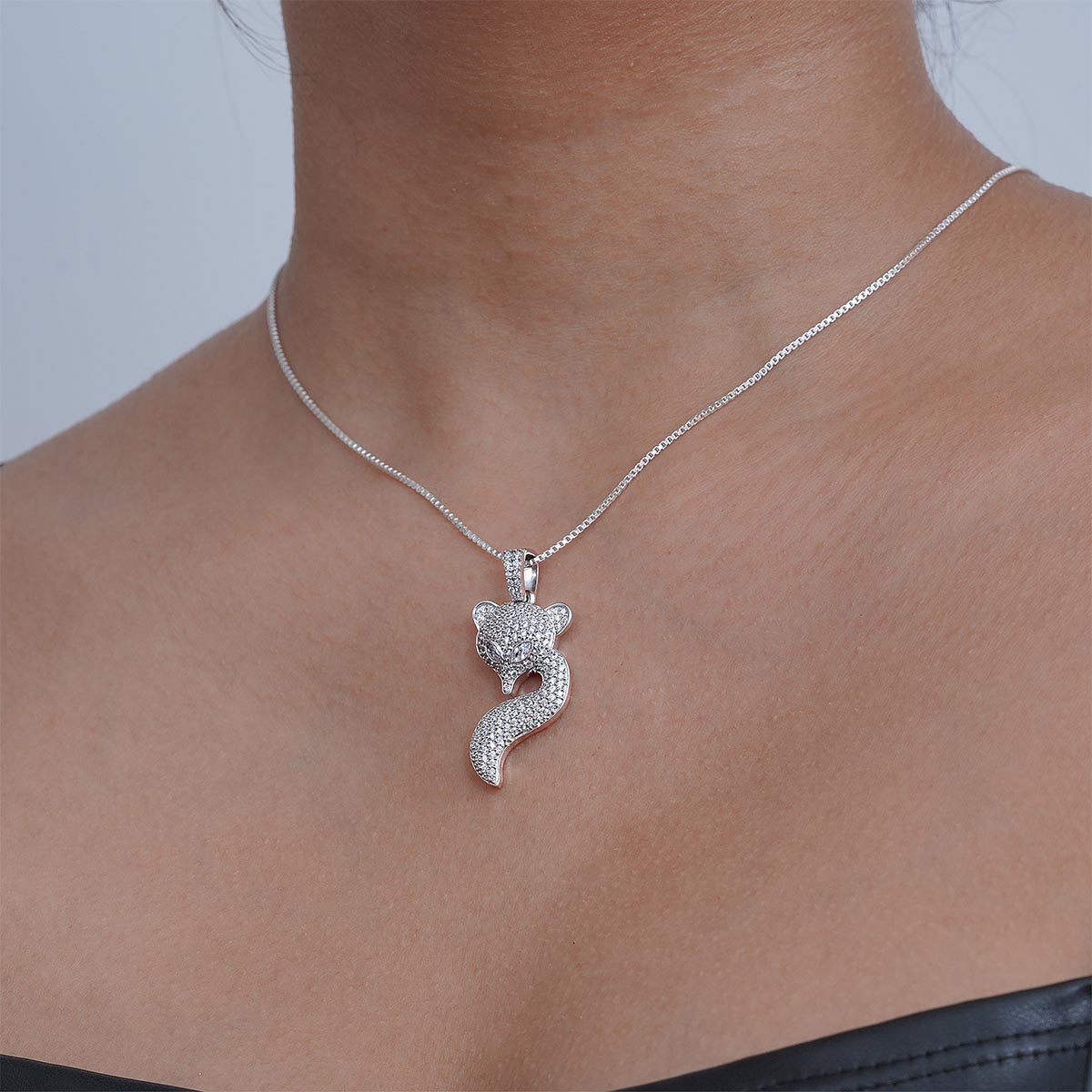 Diamond Fox Pendant Necklace Iced Out Animal Jewelry Silver