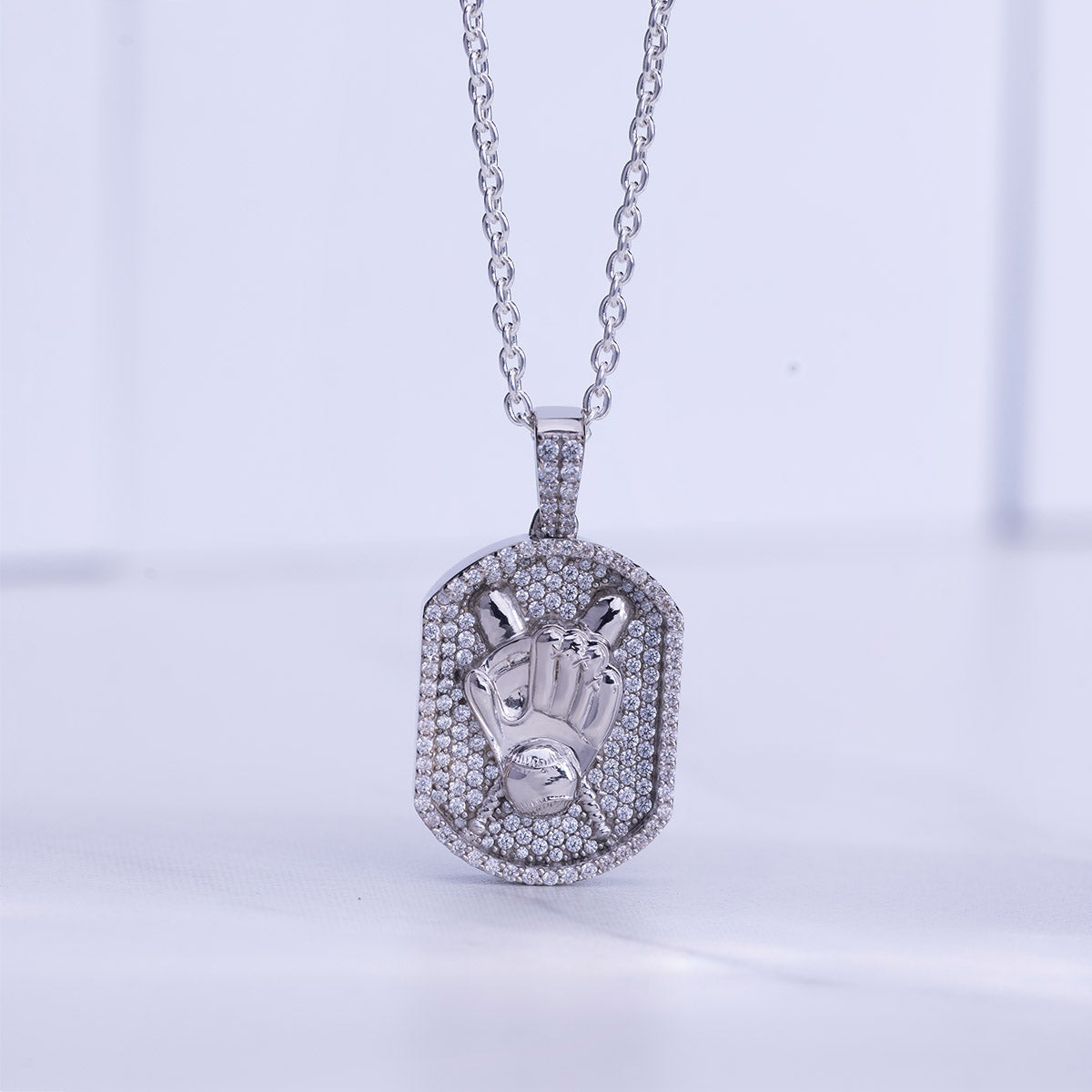 Baseball Pendant Necklace for Men Iced Out Sport Jewelry Silver