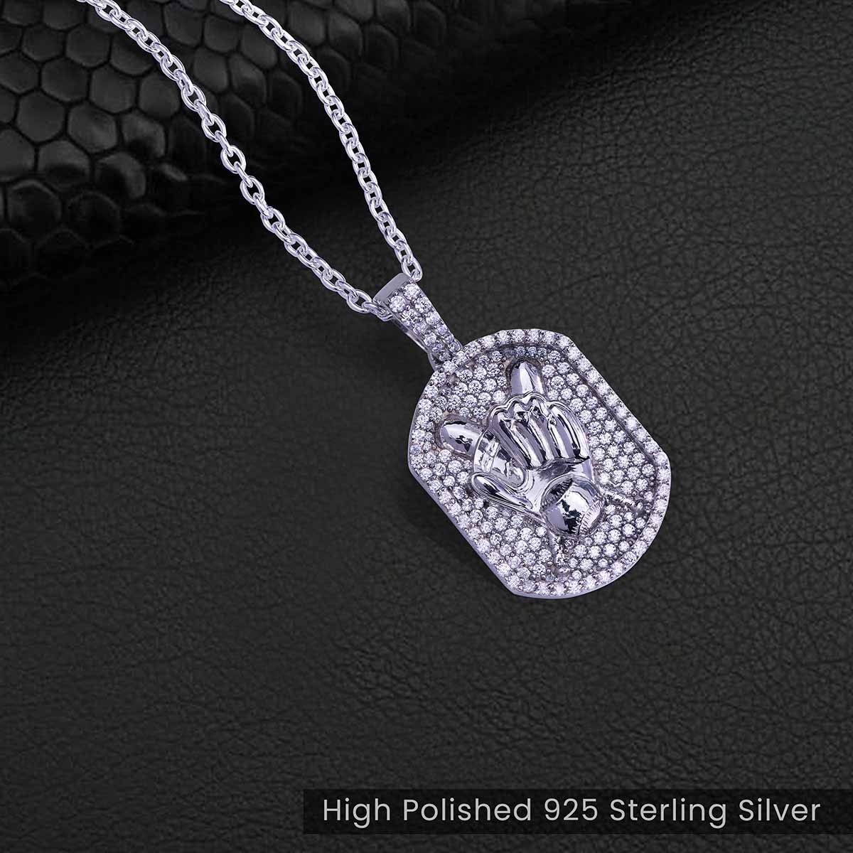 Baseball Pendant Necklace for Men Iced Out Sport Jewelry Silver
