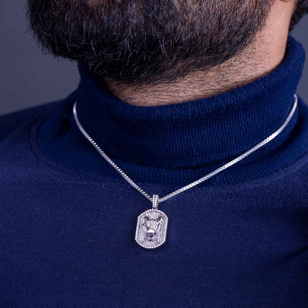 Baseball Pendant Necklace for Men Iced Out Sport Jewelry Silver
