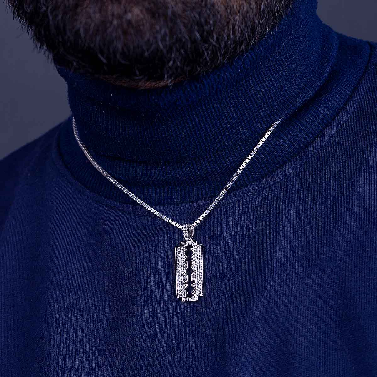 Iced Out Razor Blade Pendant Necklace Bling Punk Rock Jewelry