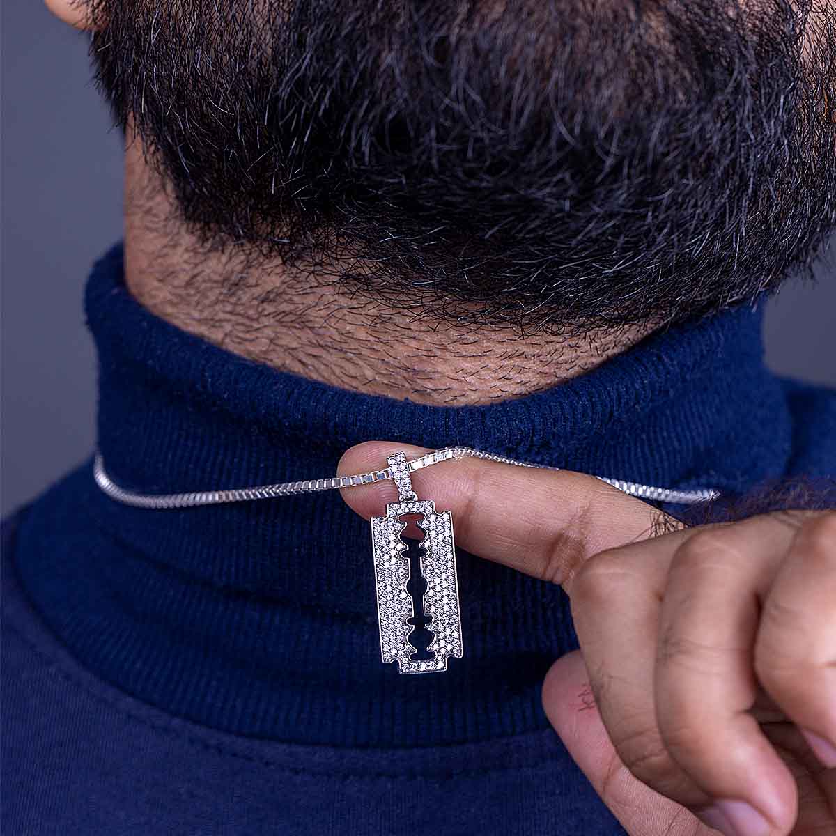Iced Out Razor Blade Pendant Necklace Bling Punk Rock Jewelry