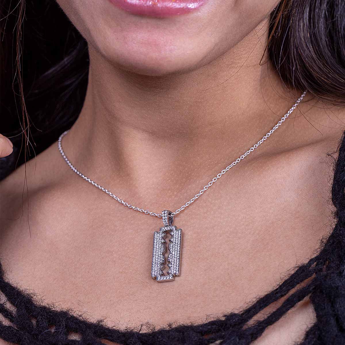 Iced Out Razor Blade Pendant Necklace Bling Punk Rock Jewelry