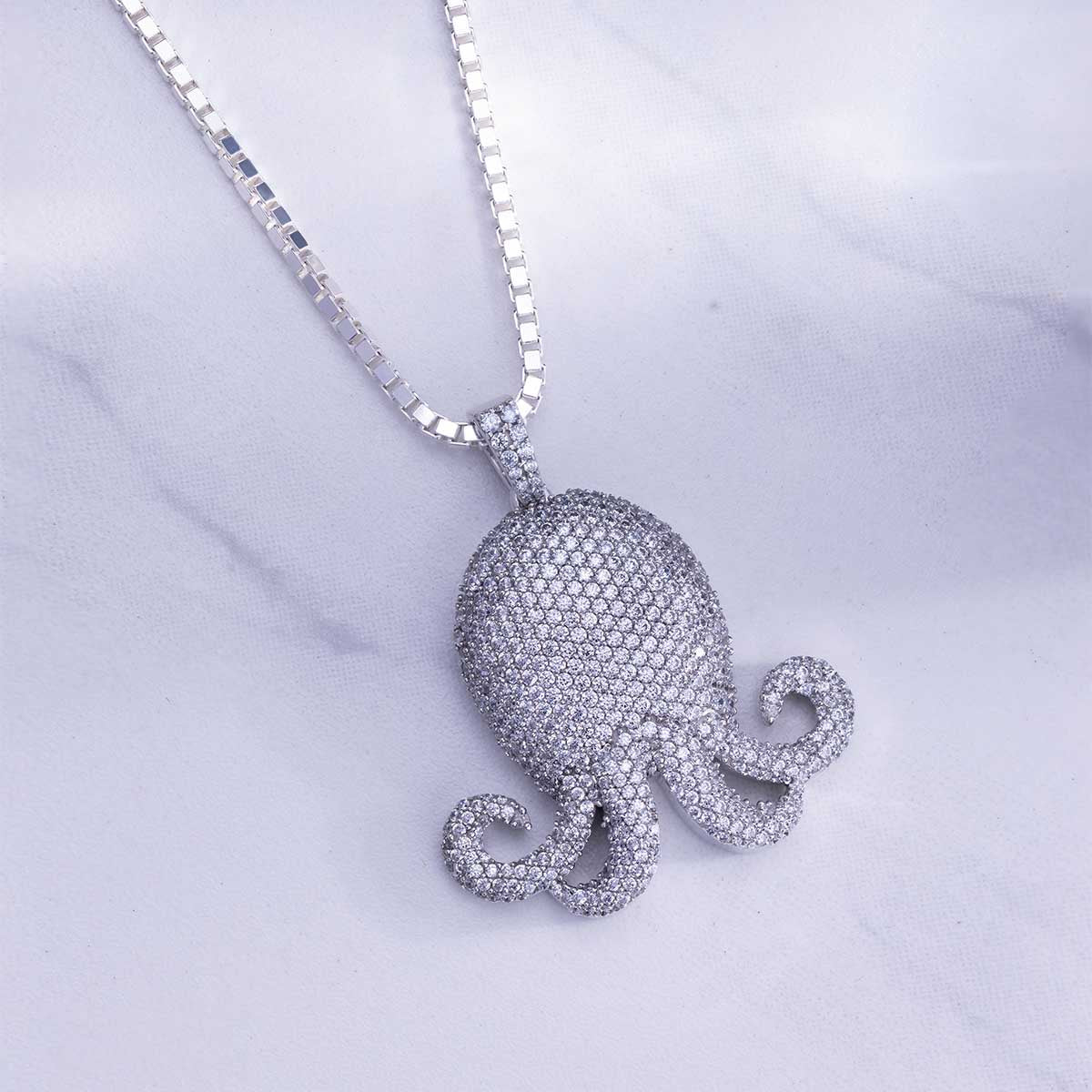 Iced Out Octopus Pendant Necklace Bling Hip Hop Jewelry Silver